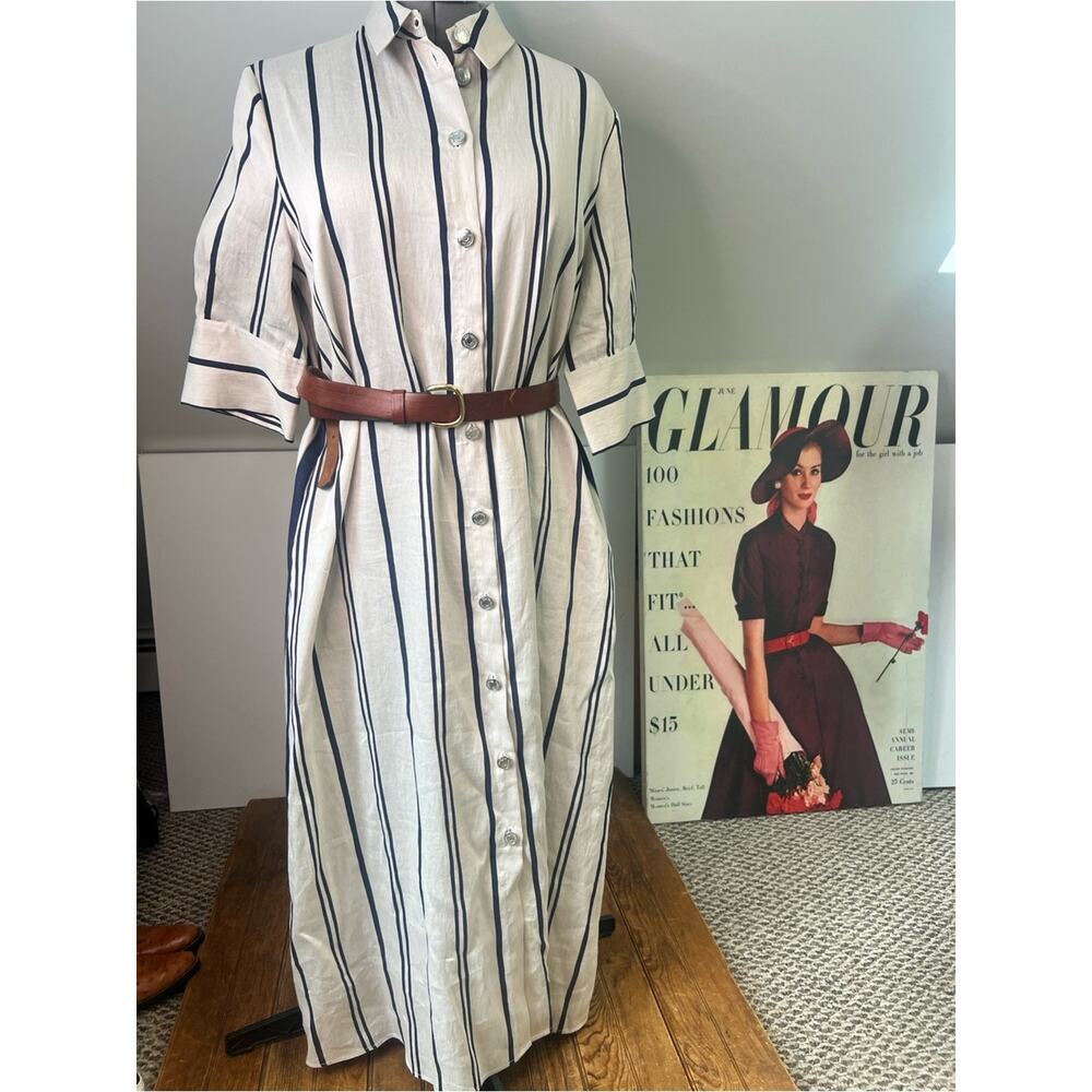 Striped Button-Front Shirt Maxi Dress Vilagallio Linen in tan navy 3/4 sleeve - Picture 7 of 7